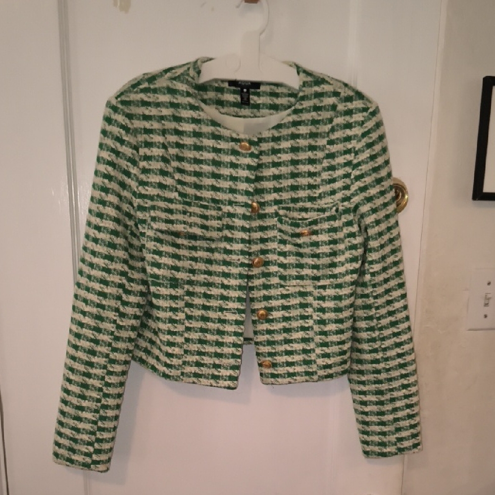 Aqua | Green and Cream Patterned Blazer and Skirt set with Gold Accents